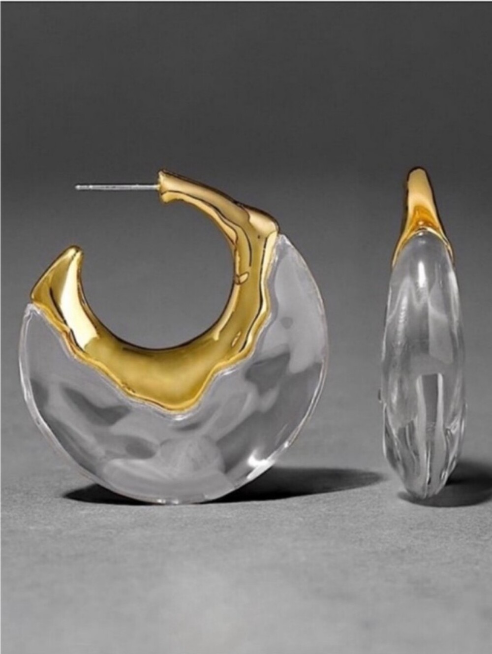 Alexis Bittar. Puffy gold, and Clear liquid Lucite Moon Hoop Earrings
